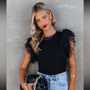 Dotty Mesh Ruffle Sleeve Ribbed Knit Top